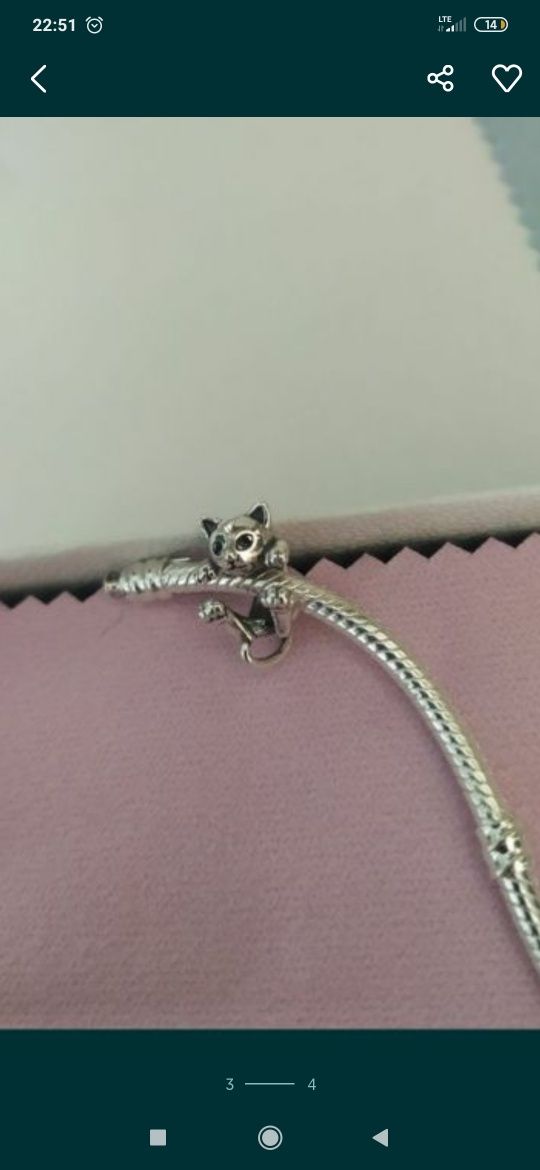 Bransoletka Pandora 18cm + 2 charmsy (łapacz snów serce i kot)