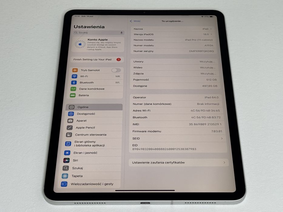 iPad Pro 11 1. gen. (A1934) - 512GB - Cellular - faktura VAT 23%