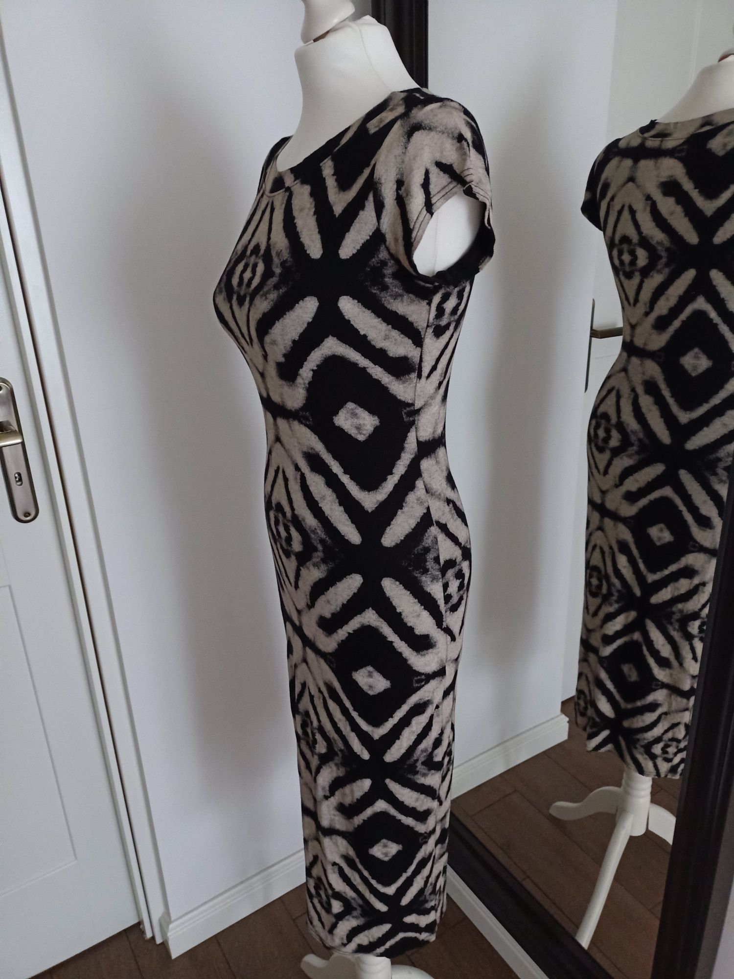 Długa sukienka na lato krótki rękaw S/M MIDI maxi print Aztec