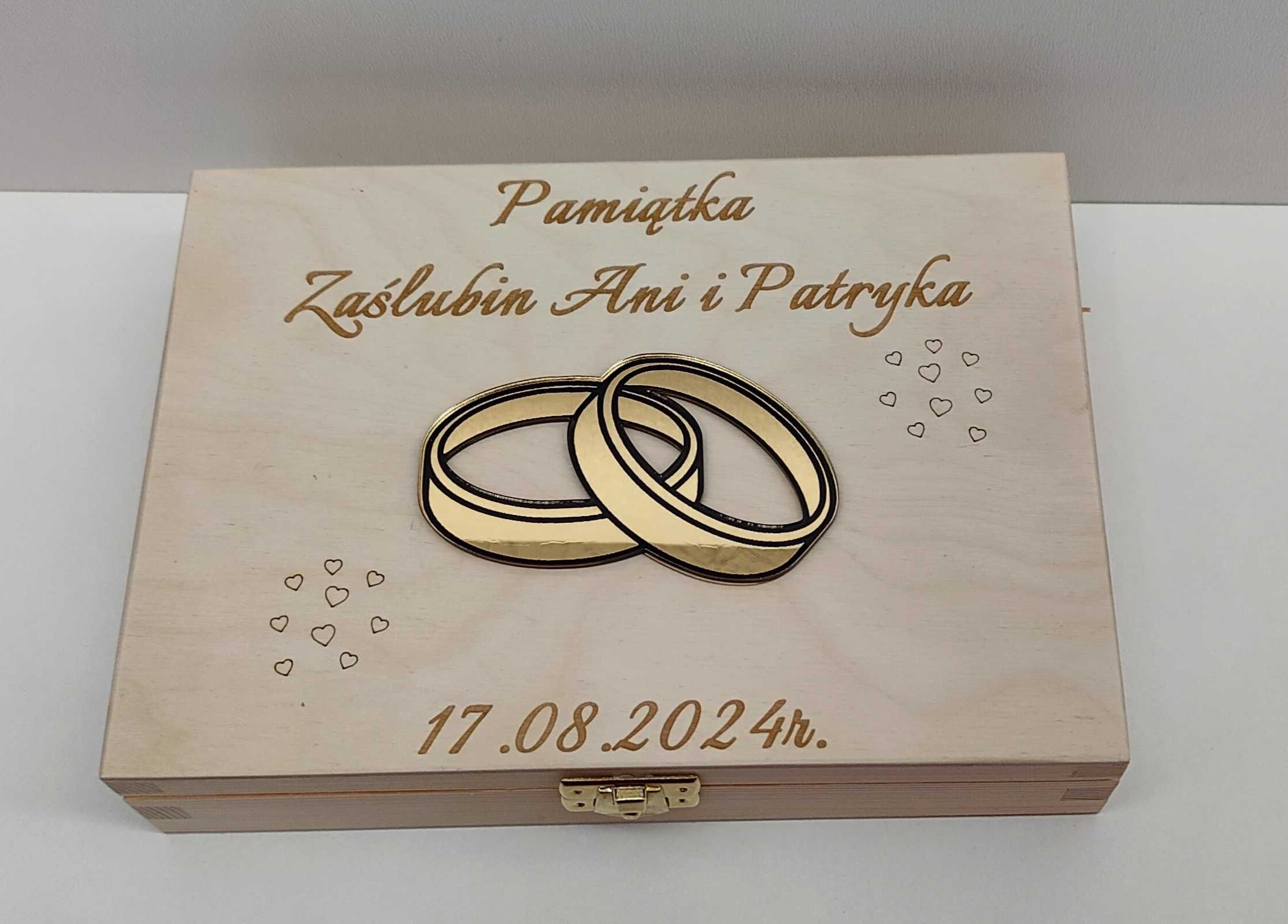 Pudełko box z okazji ślubu zaślubiny para młoda na kasę złote lustro