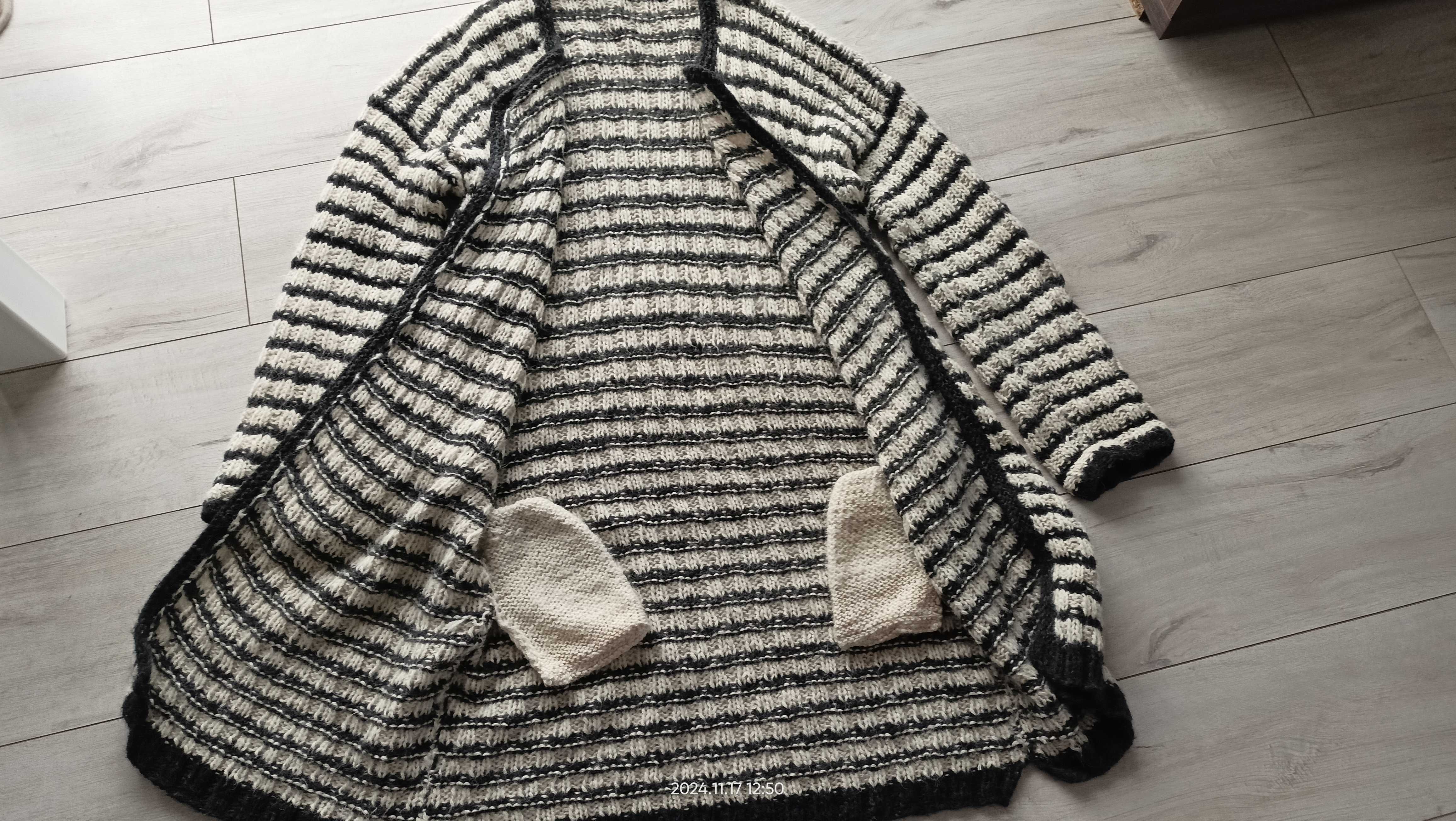 Sweter kardigan norweski wełna długi kieszenie handmade XL/XXL 1złwys