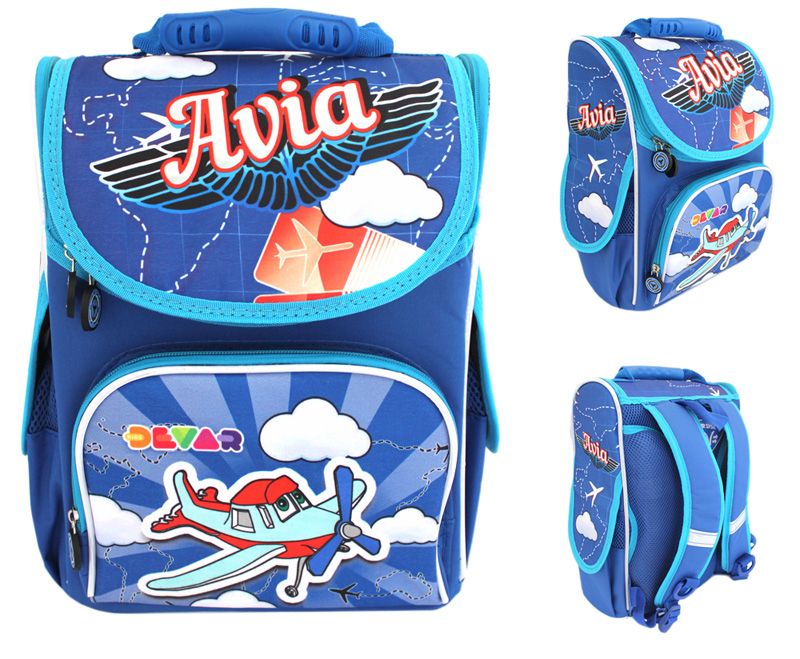 Рюкзак шкільний каркасний для хлопчика синій Літак Корабель Devar