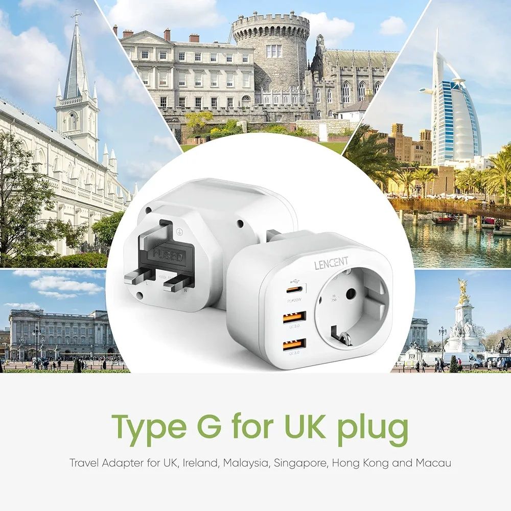 LENCENT 4-w-1 Szybkie ładowanie 2x Adapter Podróżny UK Adapter, Typu-G