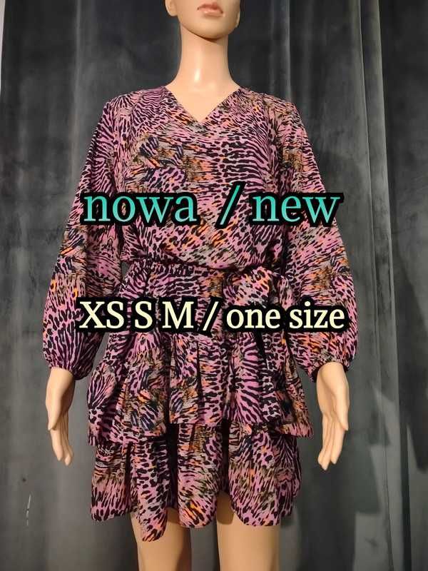 XS S M sukienka boho animal print falbany na 2 sposoby wiskoza jakość