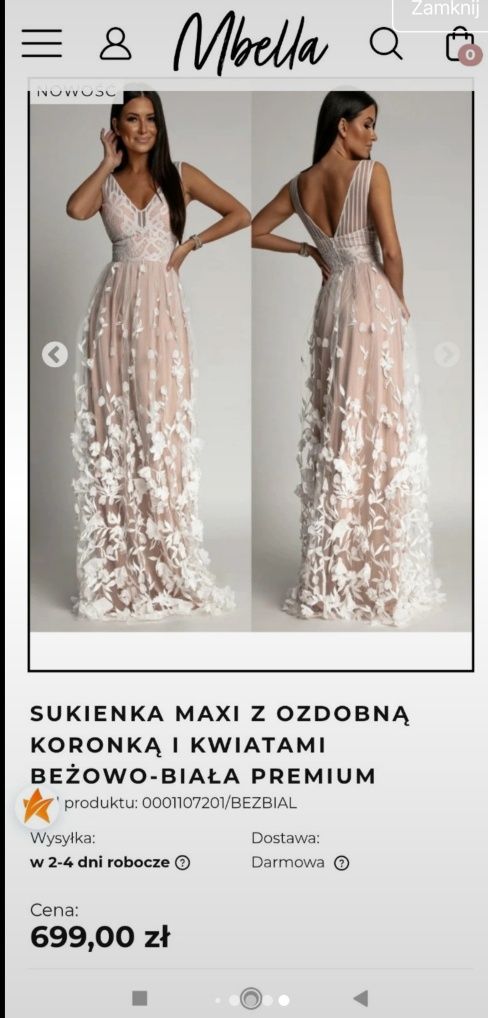 Sukienka maxi z ozdobną koronką i aplikacja - wieczorowa, ślubna