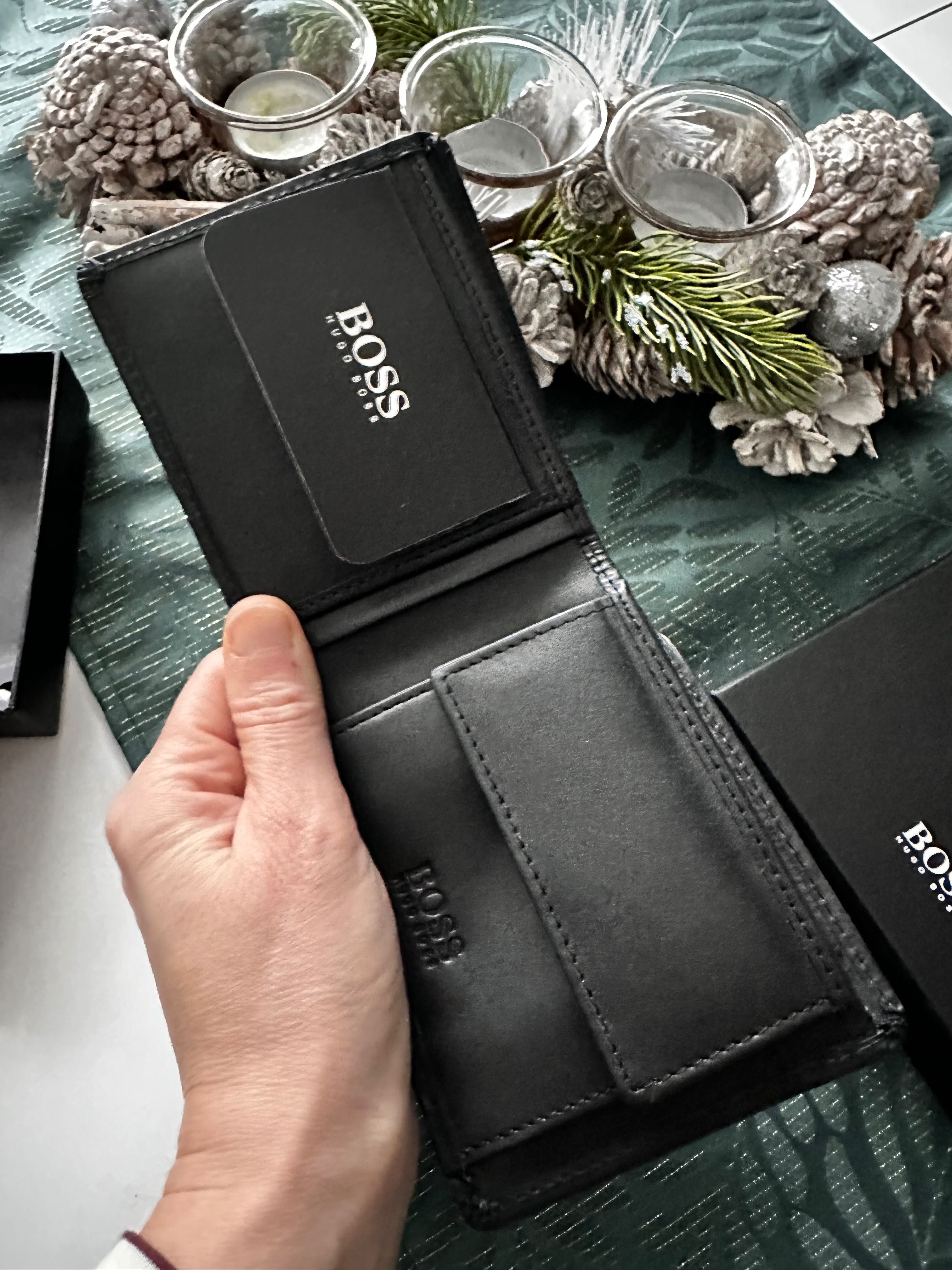 Nowy czarny skórzany portfel męski Hugo Boss