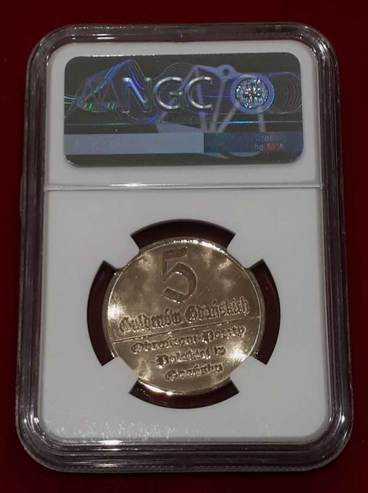 5 Guldenów, Au, złoto, Gdańsk, nakład 4 szt. NGC MS68, R7, rzadkie