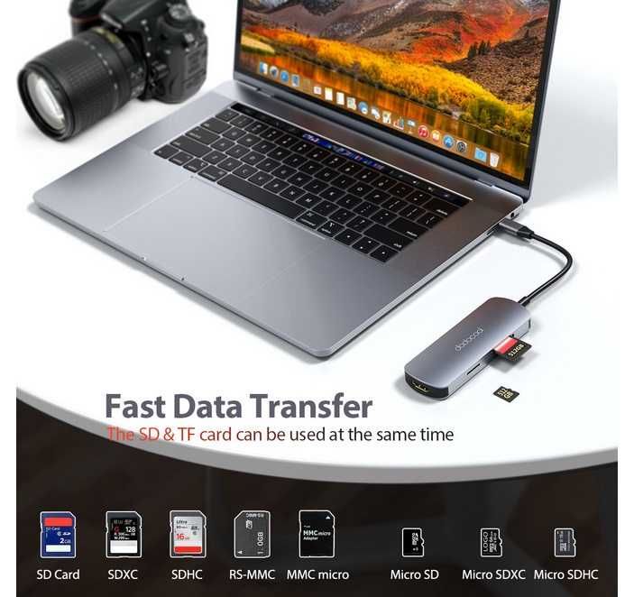 Dodocool DC76GY Hub 3x USB USB-C HDMI 4K SD 100W Macbook Dell PC 7w1