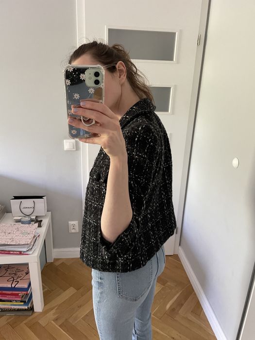 Krótki żakiet vintage Oasis w kratę z guzikami rękawki 3/4