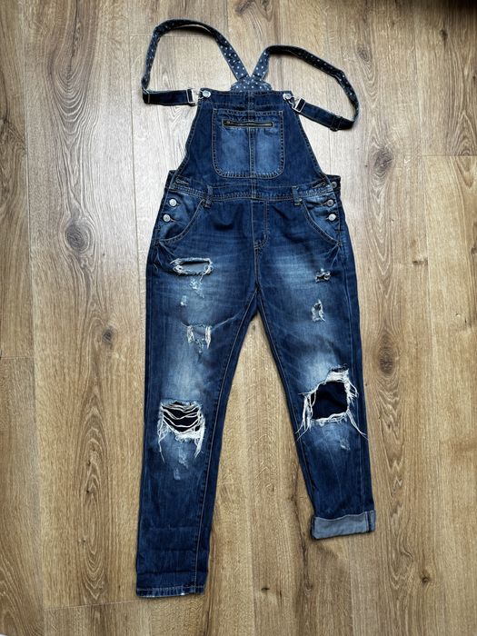 Ogrodniczki jeansowe M długie z dziurami ala ciążowe