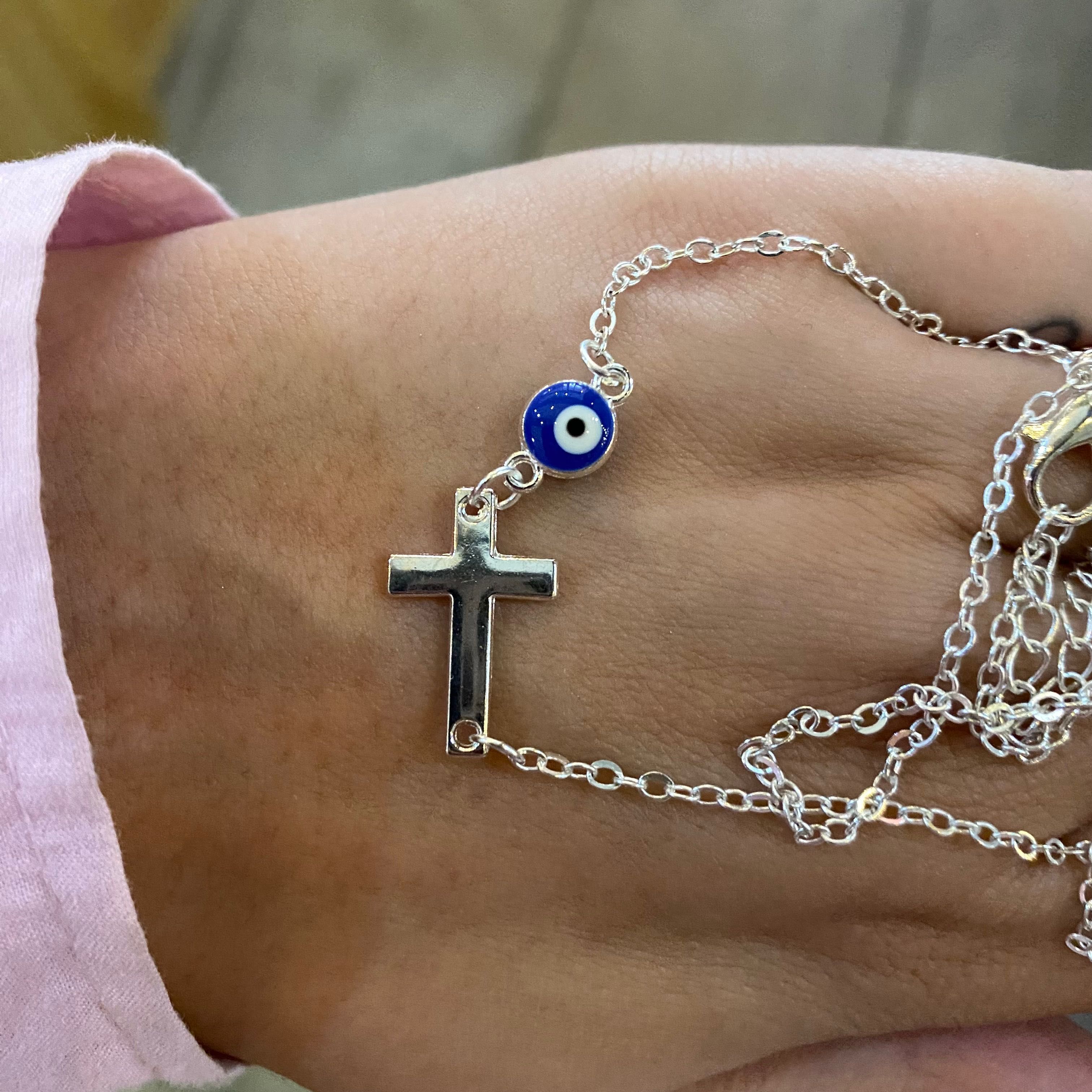 Wisiorek naszyjnik choker kolor srebrny evil eye granatowe krzyż