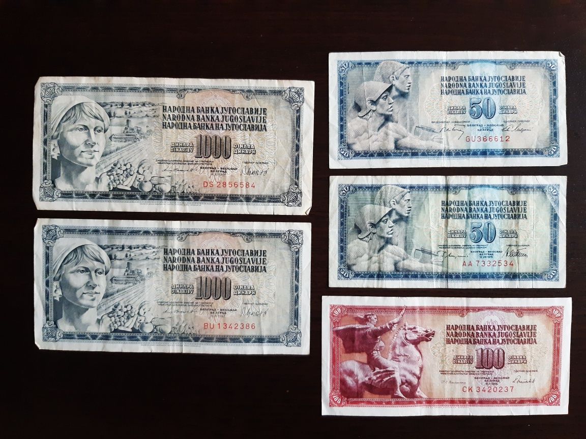 Jugosławia banknoty 1000, 100, 50 dinarów komplet 5 szt
