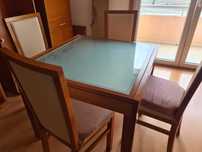 Mesa extensível em cerejeira e vidro, 4 cadeiras