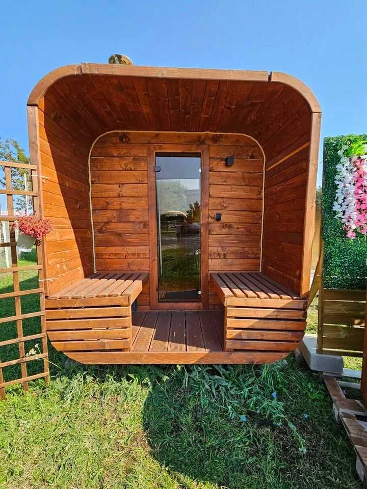Sauna ogrodowa z piecem opalanym drewnem panorama ławeczka 1-8 osób