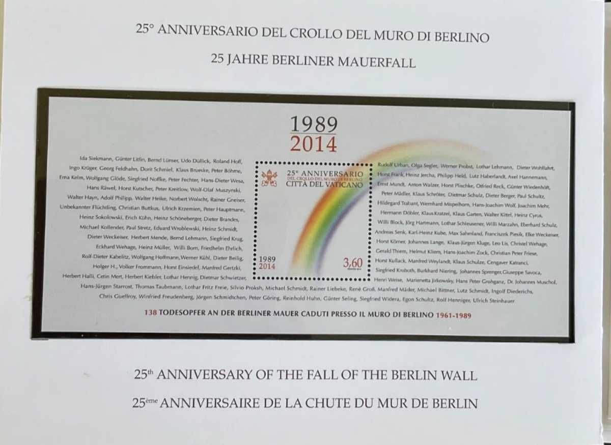 Moeda 2 eur e selo Vaticano 2014 Queda do Muro de Berlim