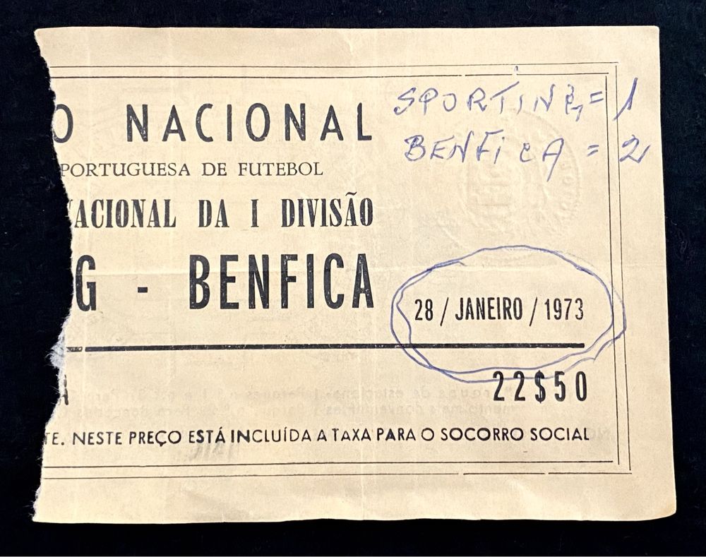 Bilhete Sporting x Benfica 28 janeiro 1973