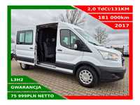 Ford Transit L3H2 *75999zł NETTO Brygadówka 5-osób 2,0TdCi/131KM  Klima, Webasto, Tempomat, 2x Airbag, Czujniki parkowania, Hak 2800kg