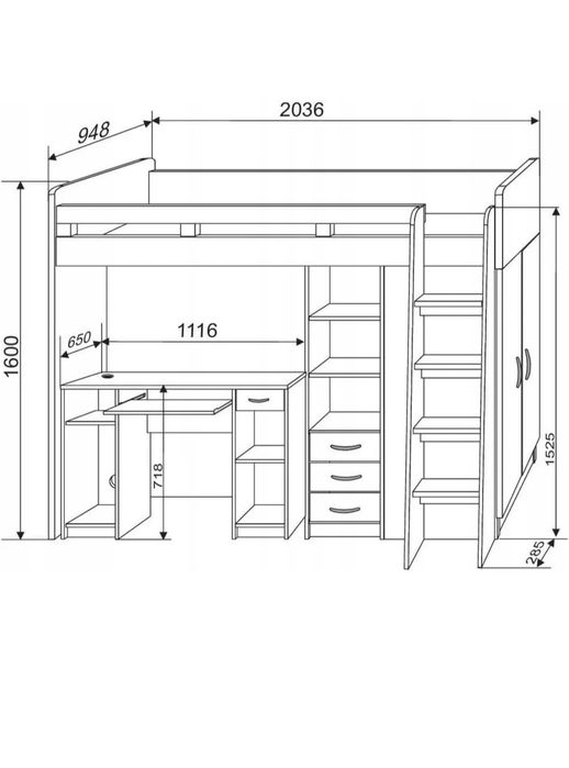 Łózko piętrowe z szafą i biurkiem