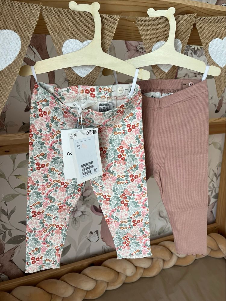 Legginsy dwupak h&m nowe rozm 80 prążek kwiatki
