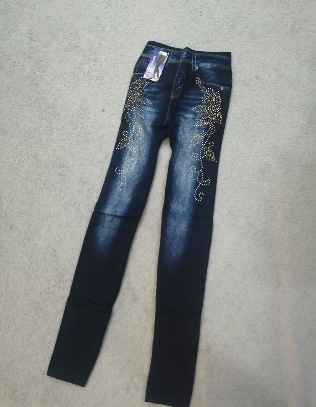 Leginsy legginsy spodnie damskie imitacja jeans nowe cyrkonie XS s m