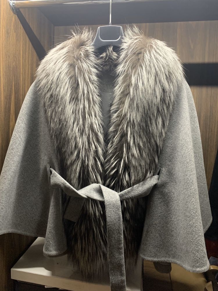 Пончо серое альпака-чернобурка, пальто шерсть