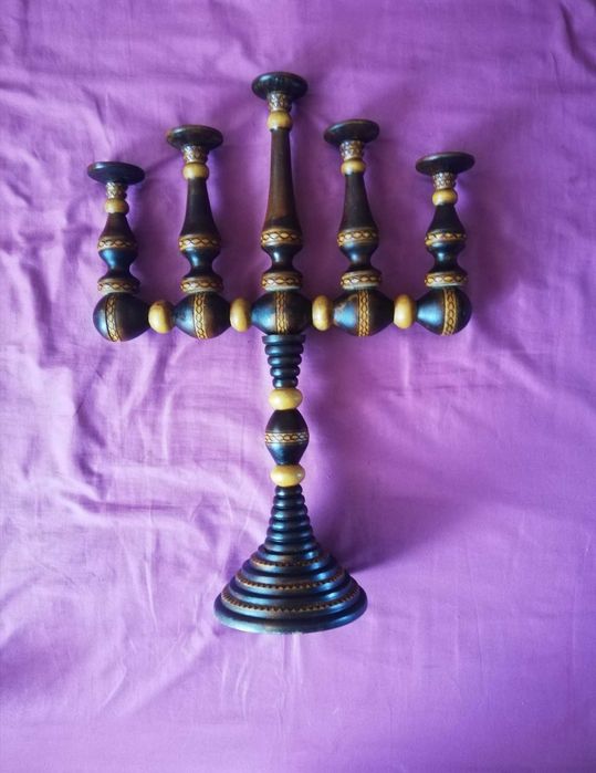 PRL stylowy świecznik 5-ramienny drewniany toczony OKAZJA