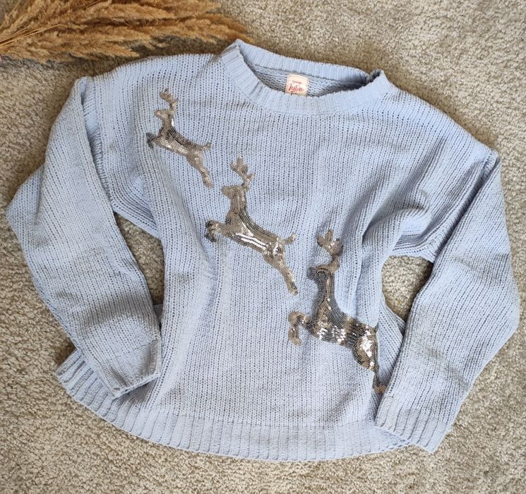 Błękitny sweter, renifery, gruby, ciepły, zima, duży, wygodny, oversiz