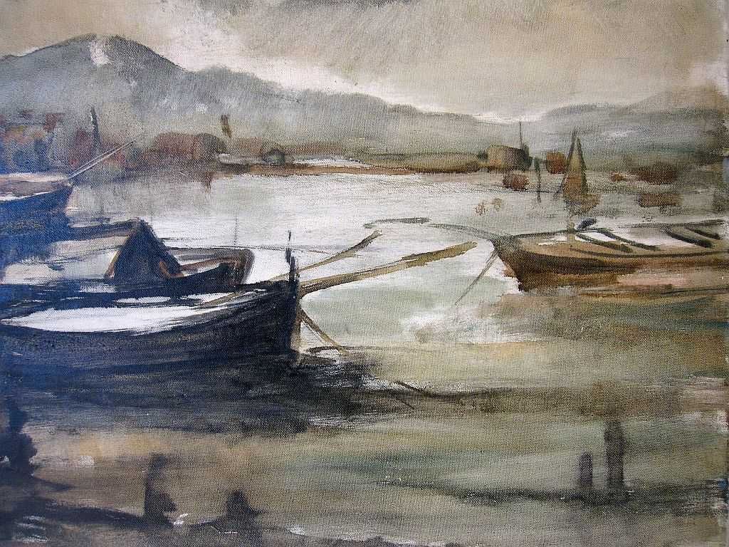 pintura em óleo sobre tela - paisagem marítima com barcos