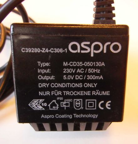 Carregador Original ASPRO para diversos telemóvel: Output: 5V-300mA
