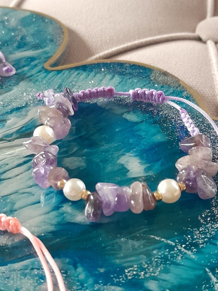 Kamienie naturalne Bransoletka Sznurkowa Ametyst Kwarc Chalcedon