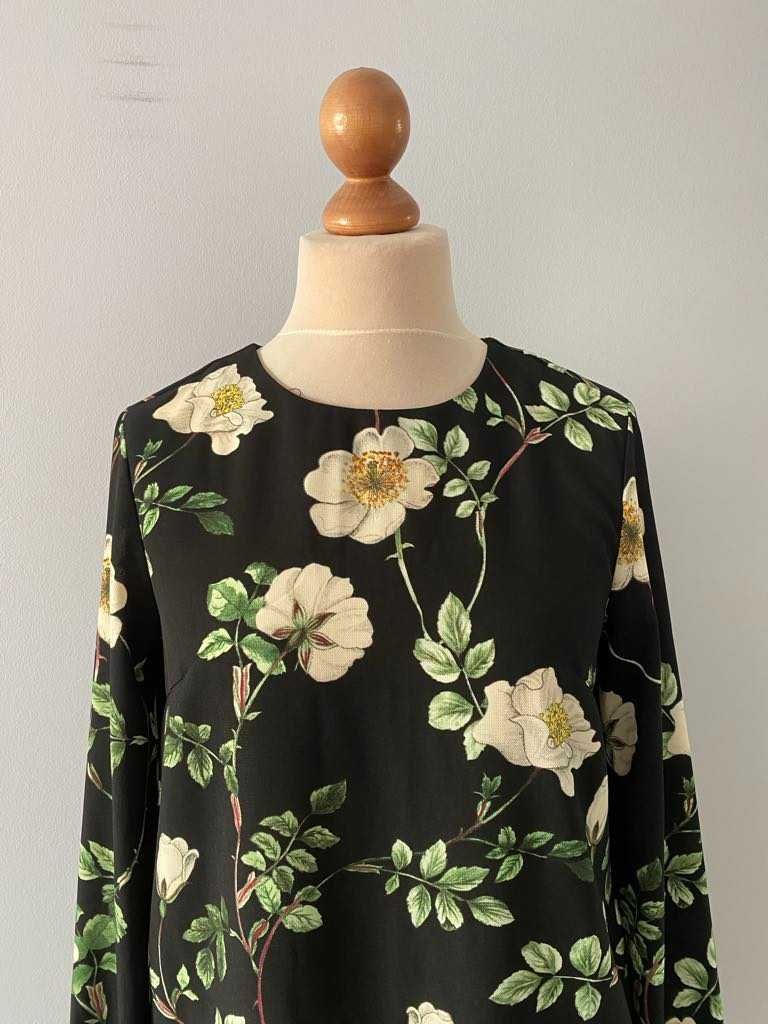 H&M Sukienka tunika czarna w kwiaty długi rękaw 40