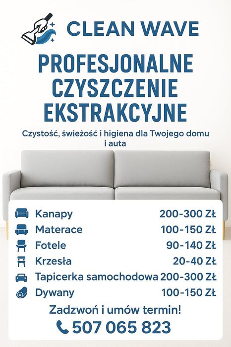 Czyszczenie/ pranie ekstrakcyjne kanap, materacy, dywanów, foteli