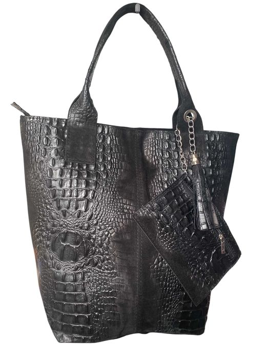 Torebka damska zamszowa Vera Pelle Shopper Croco Frędzelki CZARNA
