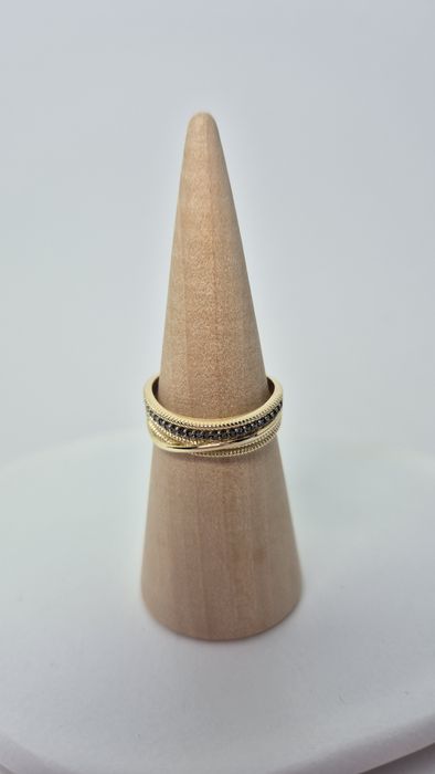 Nowy złoty pierścionek obrączka czarne i białe cyrkonie przeplatany