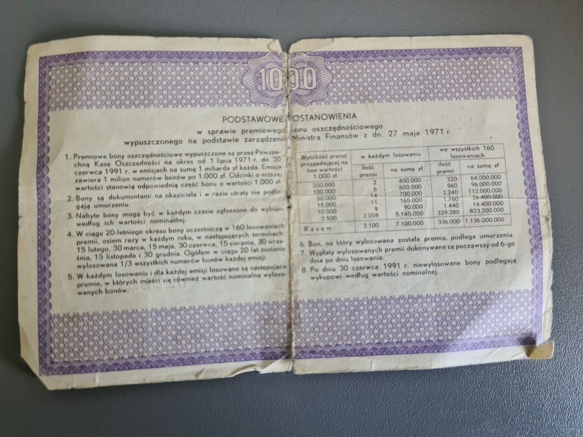 Premiowy Bon Oszczędnościowy z 1971 roku