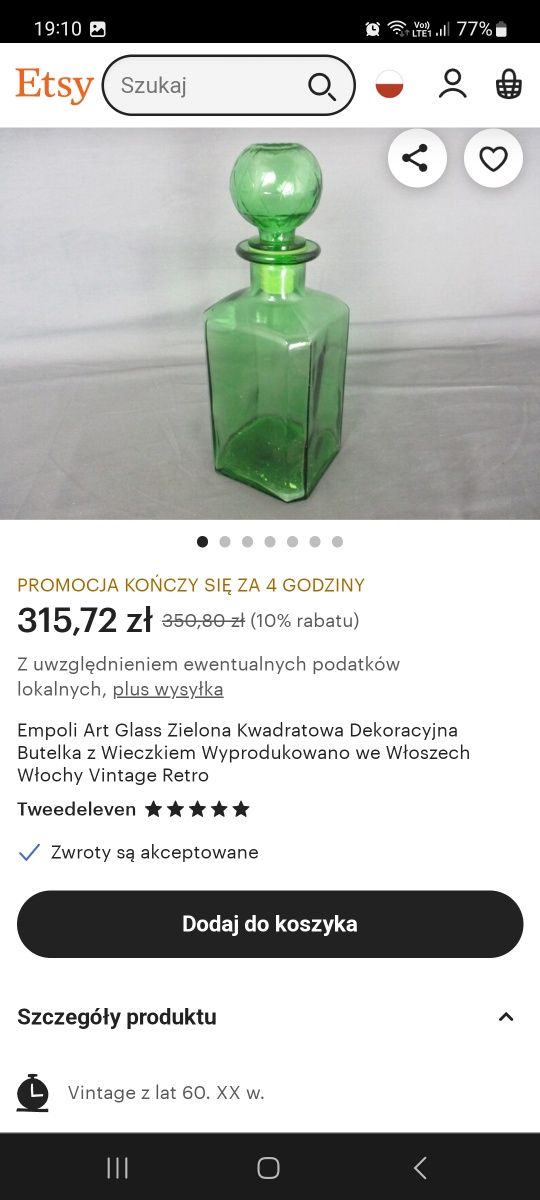 Zielona karafka dekoracyjna Vintage Retro Włochy