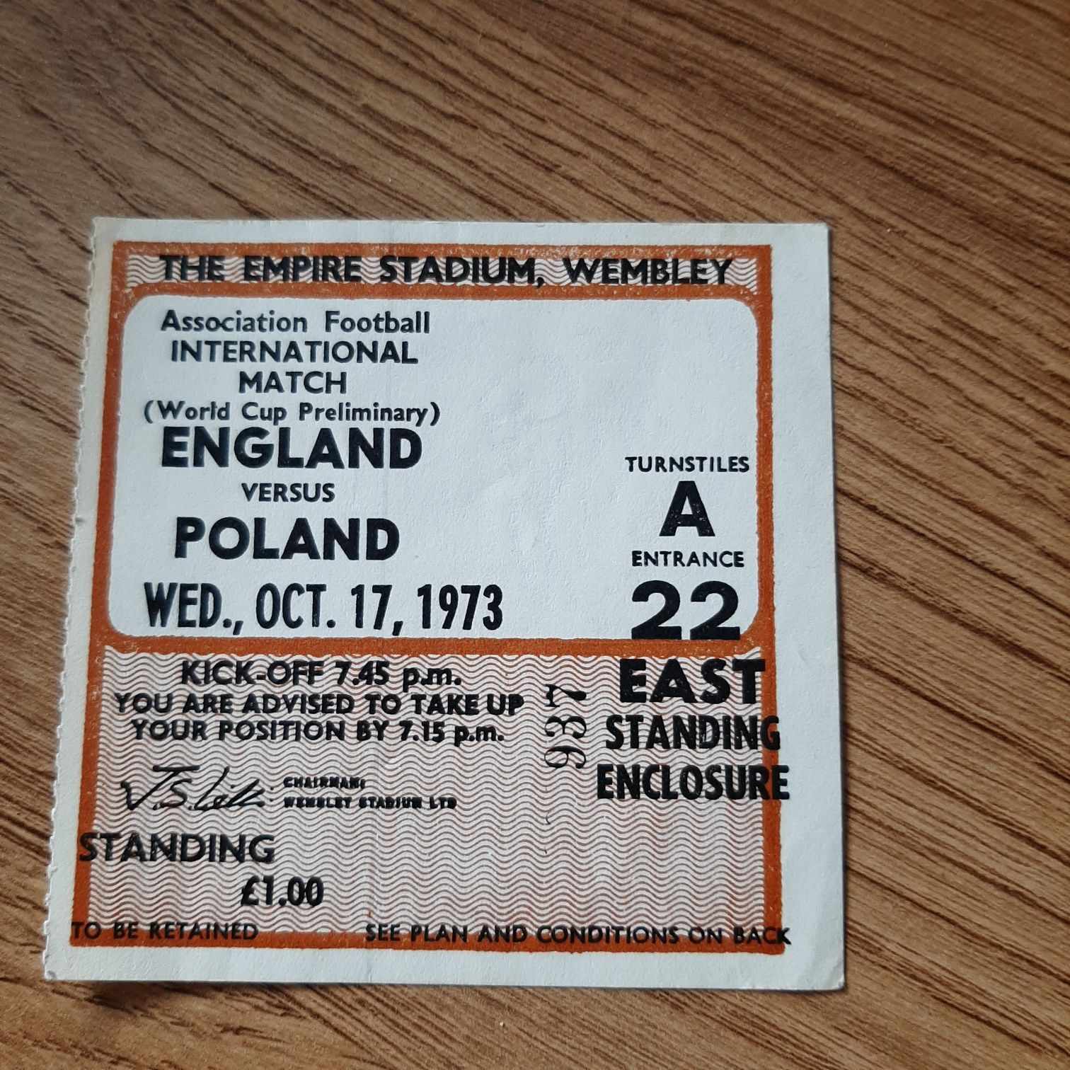 Bilet z meczu Anglia-Polska 1973
