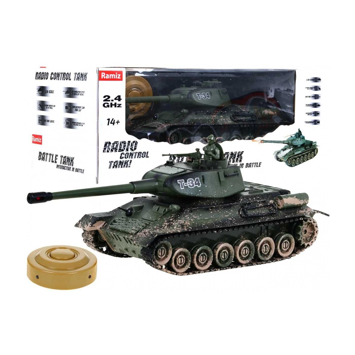 Zdalnie sterowany czołg T-34 dla dzieci 3+ Strzelający model Kamuflaż