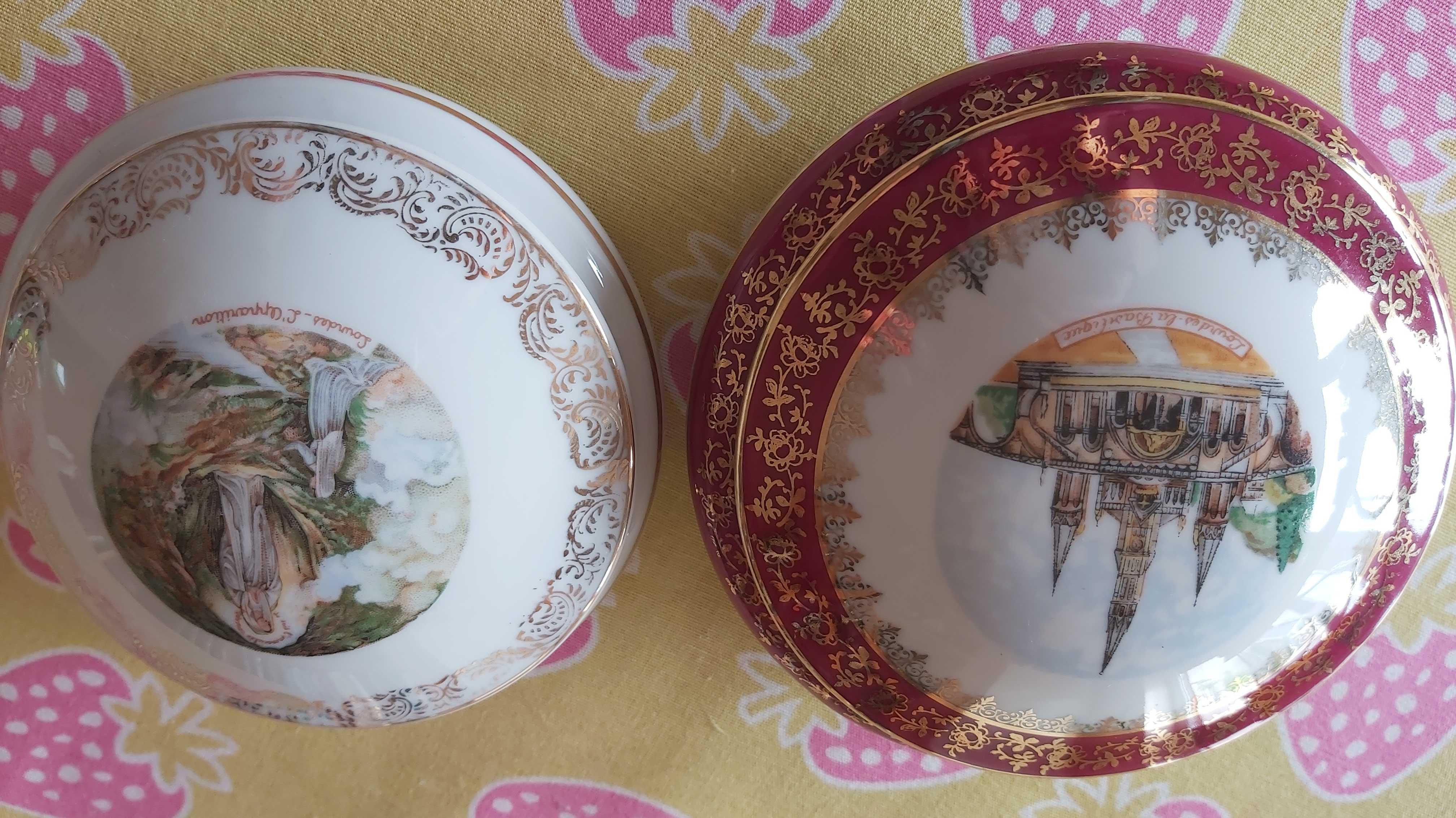 Komplet 2 pięknych szkatułek, porcelana Limoges, z widokiem Lourdes