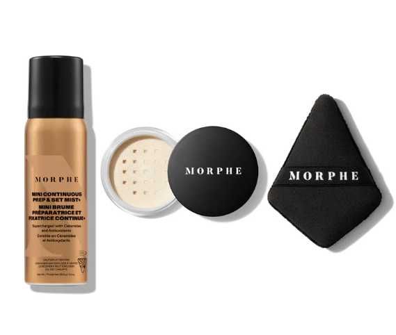 Morphe Jet Setter: Mgiełka Prep & Set Mist+ puder utrwalający+ gąbka