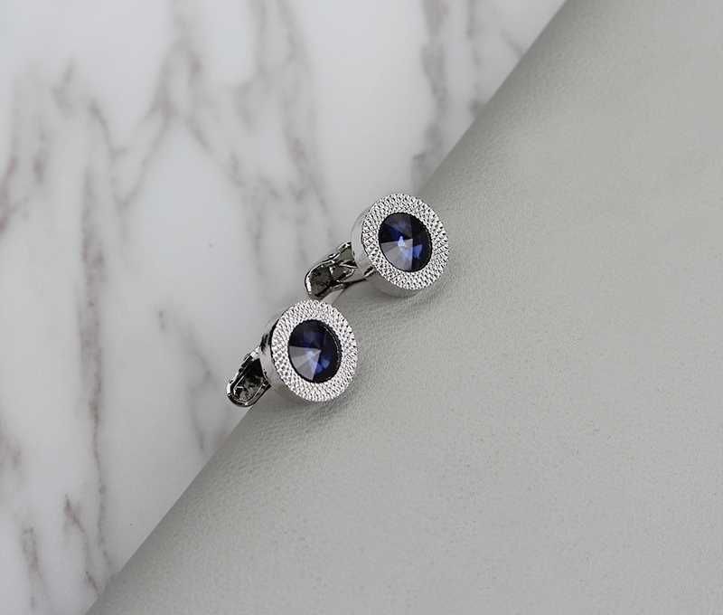 Spinki do mankietów do koszuli okrągłe niebieskie z kryształem srebrne