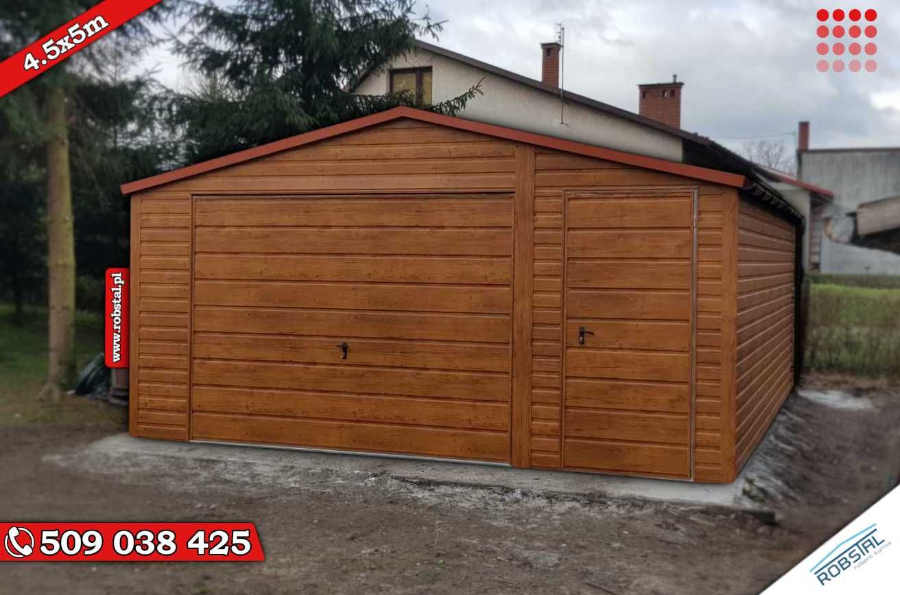 Garaż Blaszany Blaszak 4,5x5m drewnopodobny z bramą uchylną