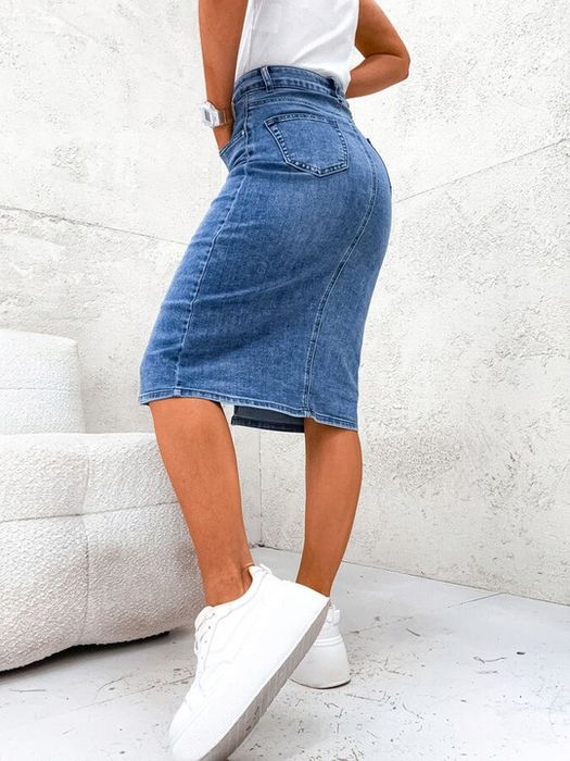 Spódnica Damska Jeansowa Midi Na Guziki Elastyczna Wysoki Stan S/36