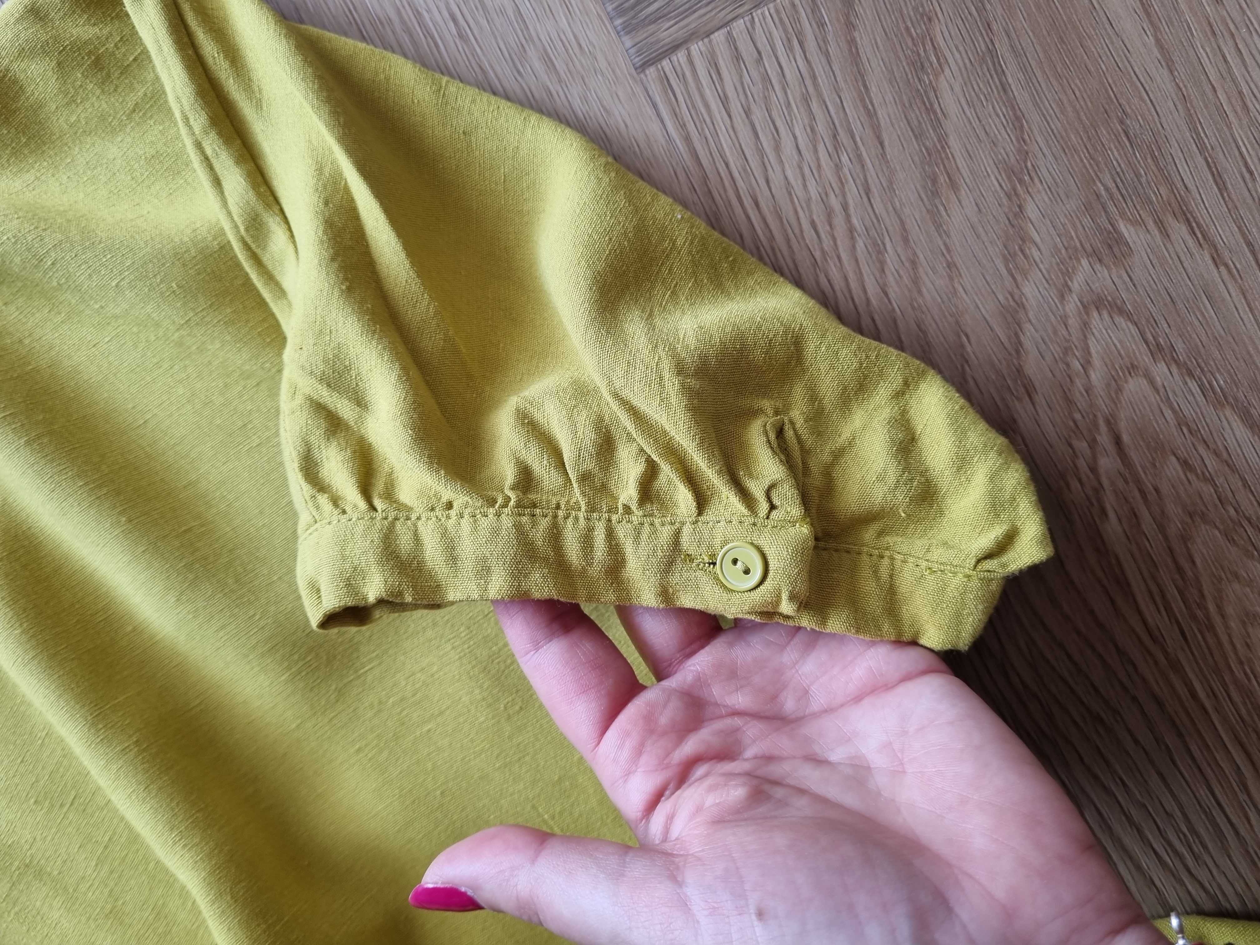 Żółta sukienka midi rękawy nietoperze len wiskoza na lato plus size