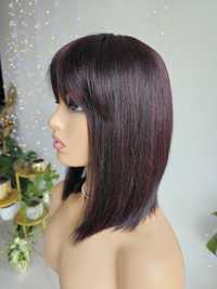 Peruka z włosów naturalnych czarna burgund z grzywką Erin bob
