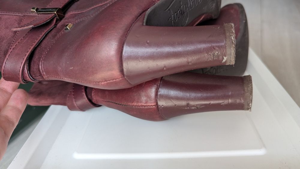 bordowe botki damskie na słupku – eko skóra, kwadratowe noski