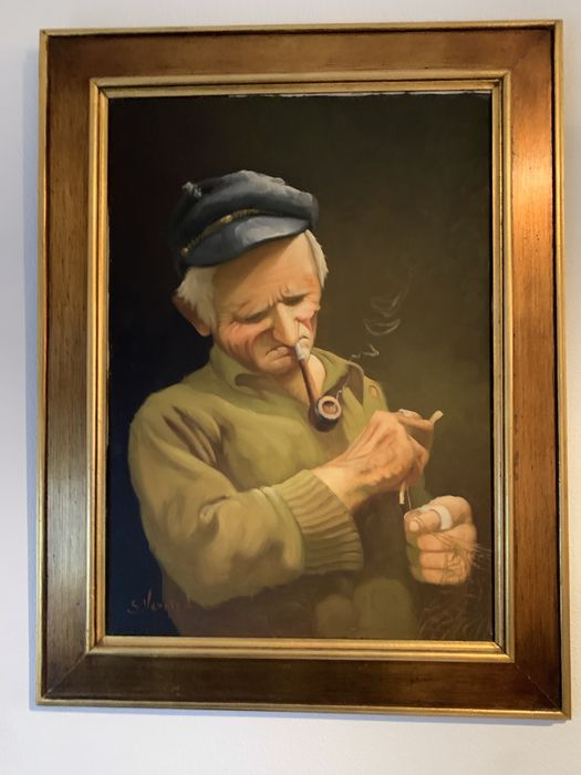 Quadro de pintura a oleo . Com moldura madeira e dourado