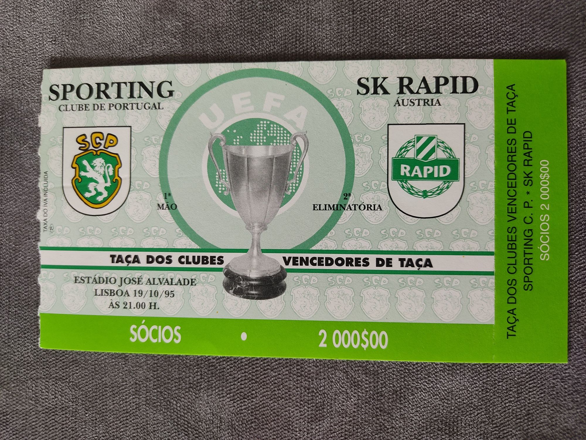 Bilhete Sporting Rapid 1995 taça das taças