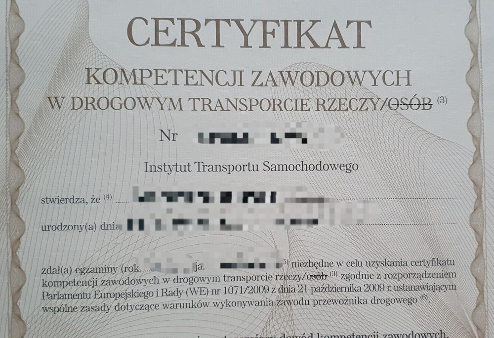 Certyfikat kompetencji zawodowych w drogowym transporcie rzeczy