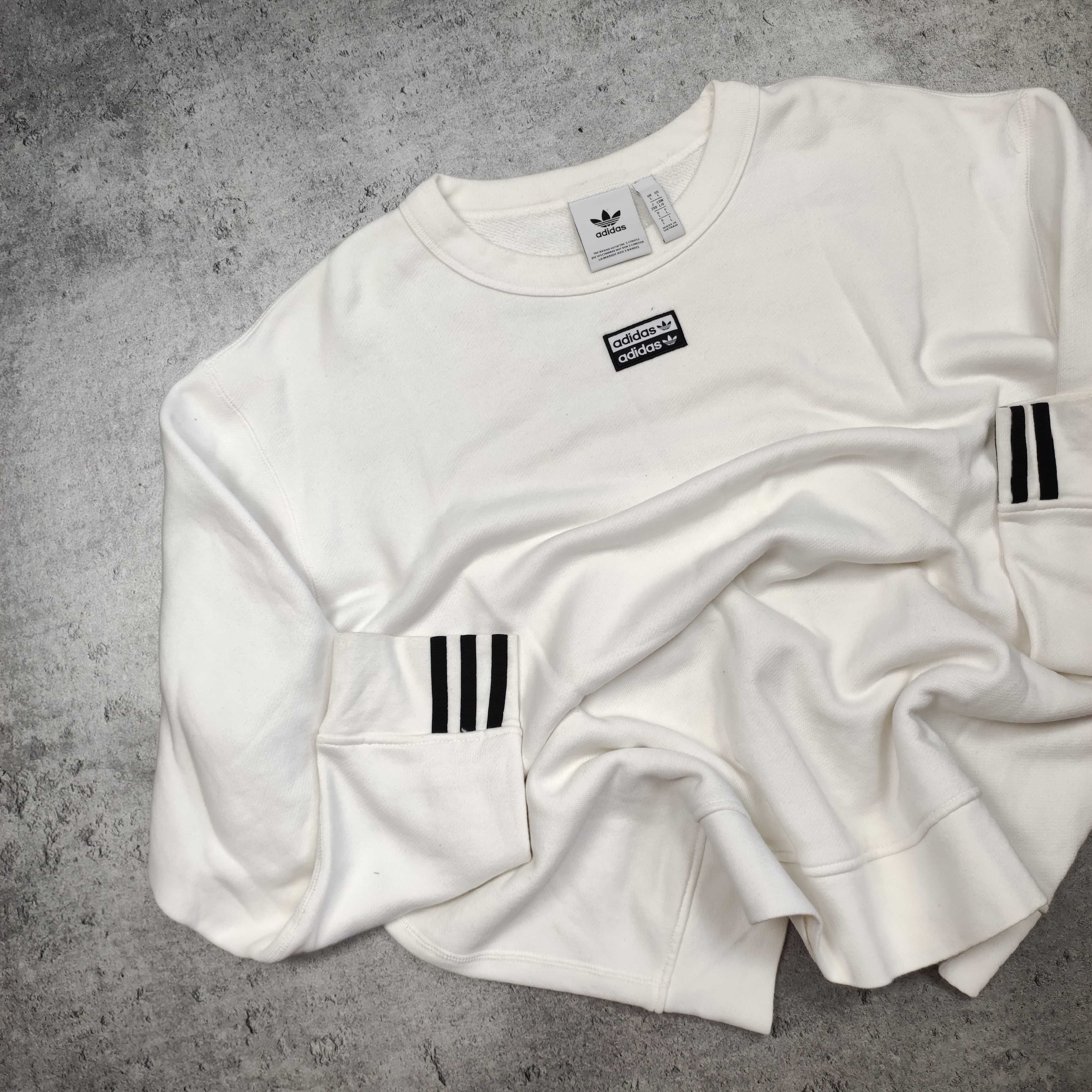 MĘSKA Bluza Bawełniana Adidas Haft Logo Biała 3 Paski Sportowa Klasyk